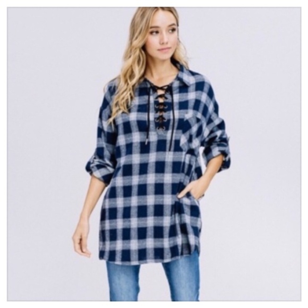 Navy Blue Plaid Lace Up Tunic Top